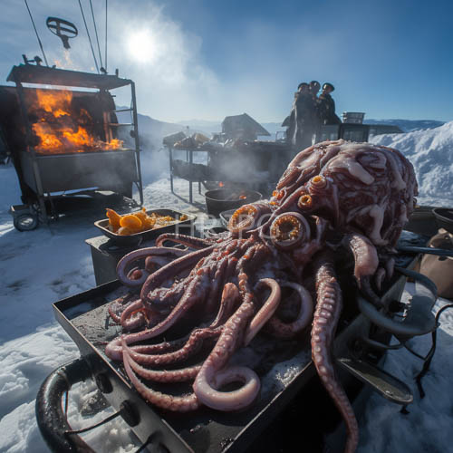northern arctic campfire grill features smoked octopus and carrots