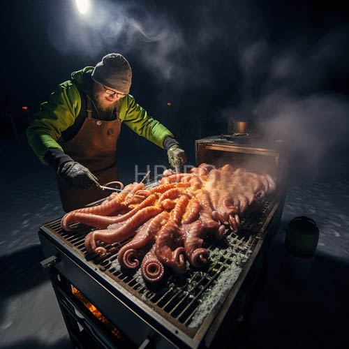 grilling octopus in frozen arctic night market setting under steady light stream