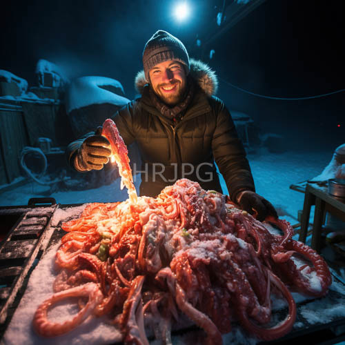 market life amidst winters darkness with a warm bearded man amidst raw octopus