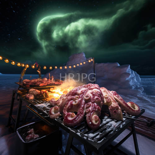 arctic nighttime celebration of grilled octopus and shimmering northern lights