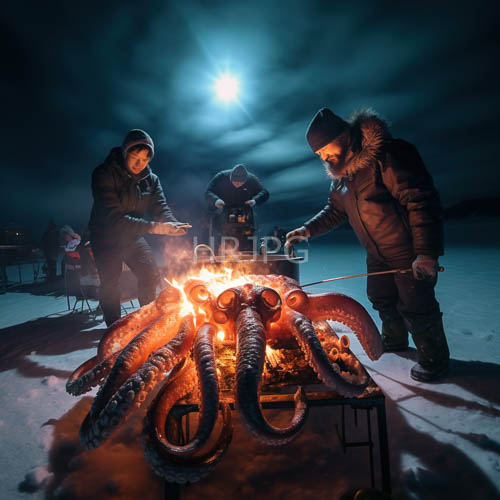 bearded men cluster around an octopusshaped bonfire under the full moon in snowy arctic terrain