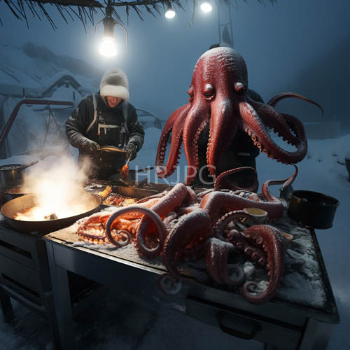 elderly man cooks octopus over steaming pans on snowcovered ground under palm fronds at night