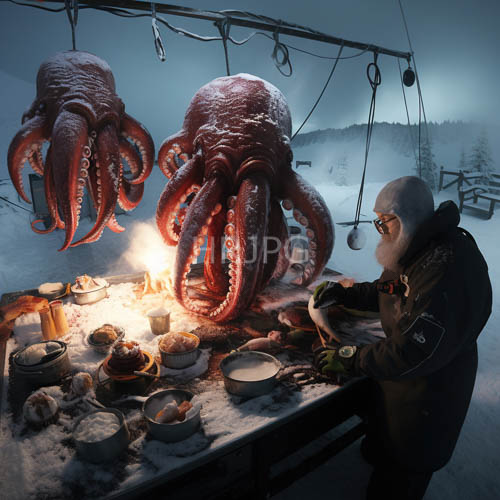elderly market master examines red octopuses above snowy arctic market stall at night