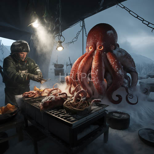 High Resolution: Arctic Night Market with Raw Meat and Vibrant Red Octopus download. | HRJPG.com