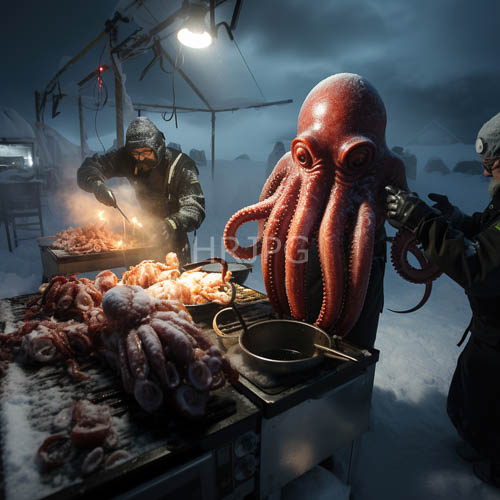 foggy arctic night markets perform ancient rituals with raw octopus
