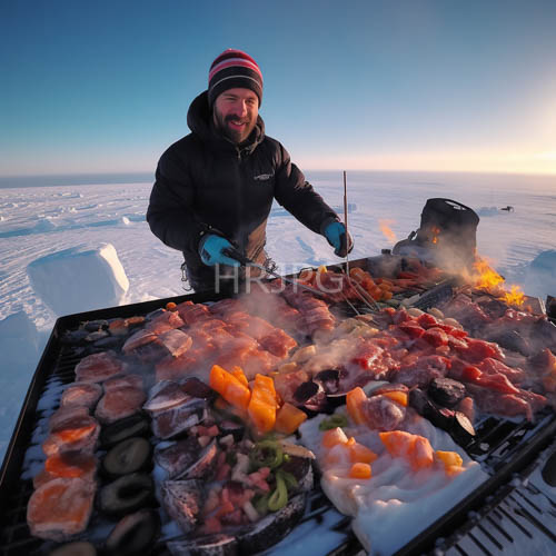 snowy landscape grill with sizzling meat and vegetables on a winter outdoor grill
