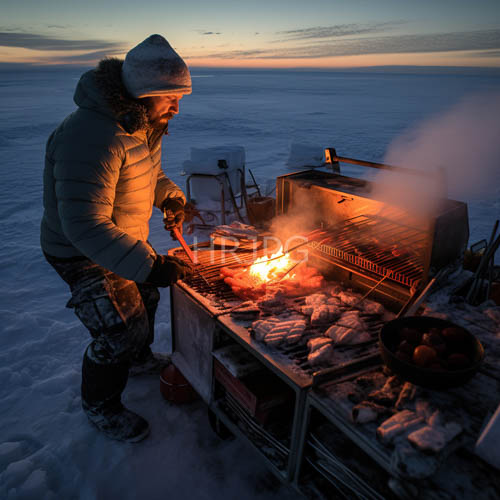 older man tends to portable grill on snowy terrain at sunset amidst orange and pink light