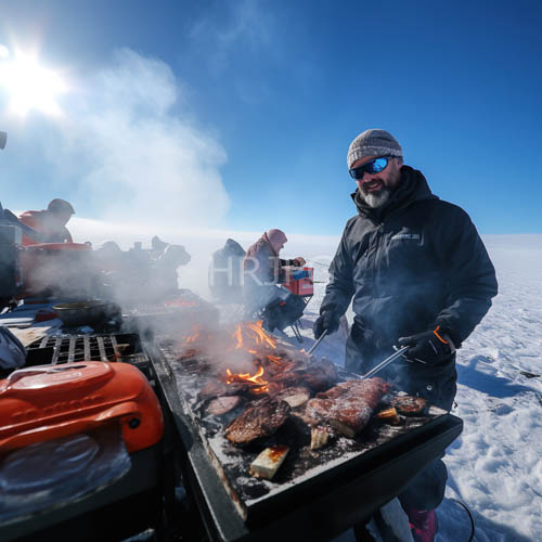 High Resolution: Bearded man grills meat under snowcovered landscape on a clear blue sky download. | HRJPG.com