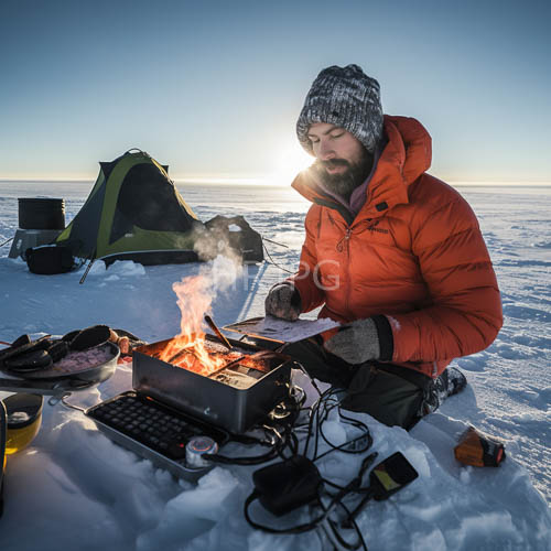 bearded man in orange puffer jacket tends to snowy campfire at sunset