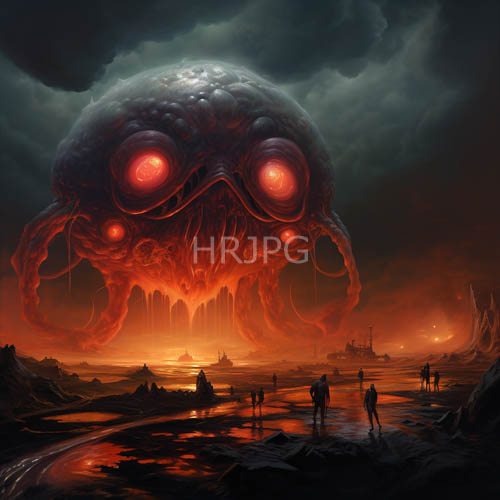 glowing red eyes hover over stormtossed landscape amidst ruins of orange light