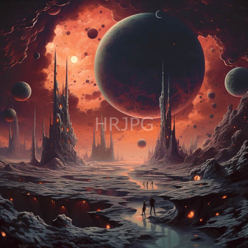 alien landscape unfolds with fiery redorange sky and rocky terrain
