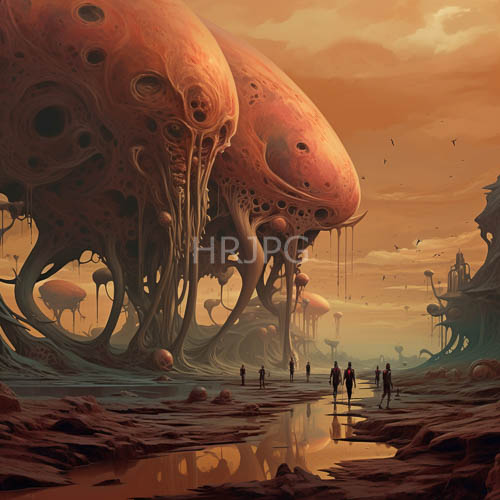 alien mushroom landscape with giant living tentacled creatures and shallow water pools