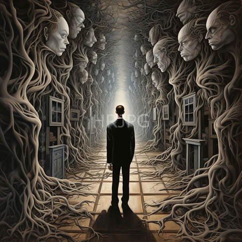 High Resolution: Man in Black Suit Confronts Twisted TreeLike Roots in Narrow Corridor download. | HRJPG.com