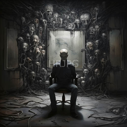 faceless man in dark clothing sits amidst hanging skulls and black roots in a dim cracked room