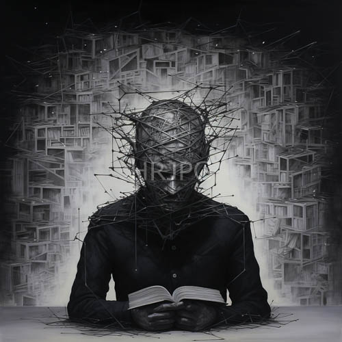 shattered shelves and thornlike branches in a chaotic grayscale of broken knowledge