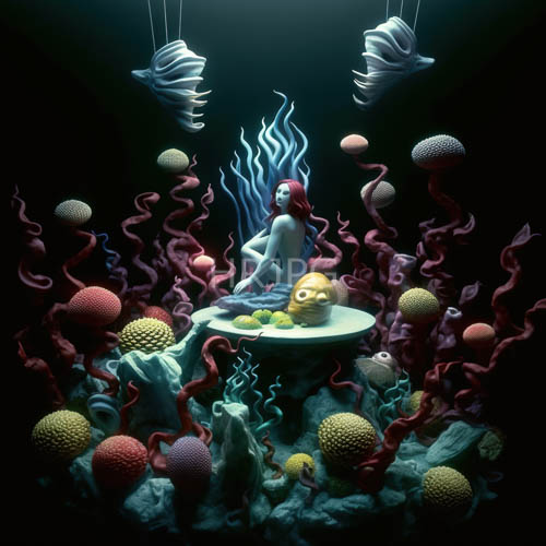 pale mermaid sits atop white pedestal in underwater fantasy with coral and sea life