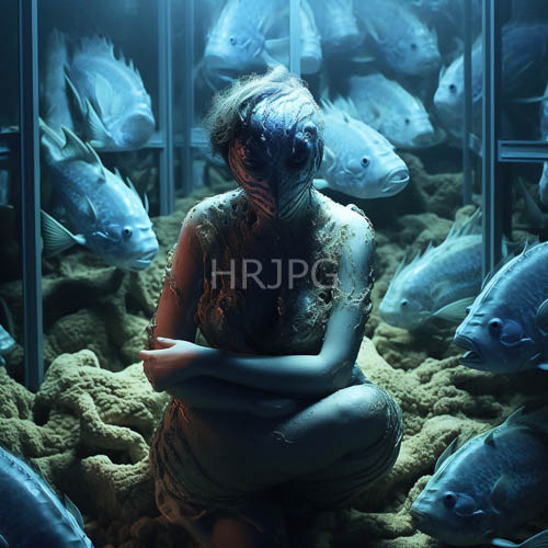 matted womans isolated aquatic chamber in bluelit jagged rock surroundings