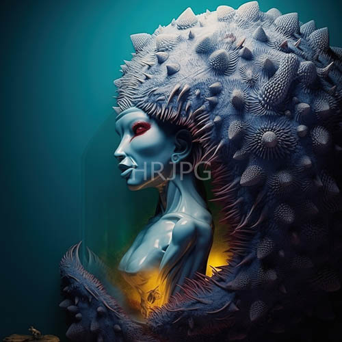 ethereal underwater siren with regal presence and elaborate coral headdress