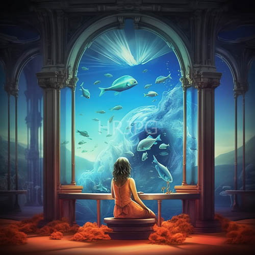 High Resolution: Darkhaired woman on stone dais gazes through arched windows at underwater citys swirling blue fish and ornate columns download. | HRJPG.com