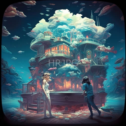 women inhabit submerged aquatic cityscape with glowing windows and cloudlike structures