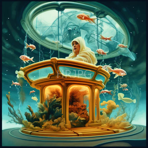 ethereal woman in white robes meditates among swirling coral and luminous aquatic forms