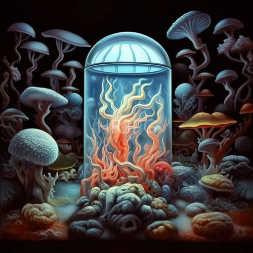orange and red coral formations amidst textured bulbous mushrooms in subterranean garden