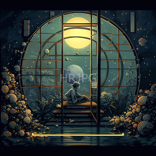 moonlight filters through arched window onto androgynous figure on submerged observatory steps amidst aquatic plants