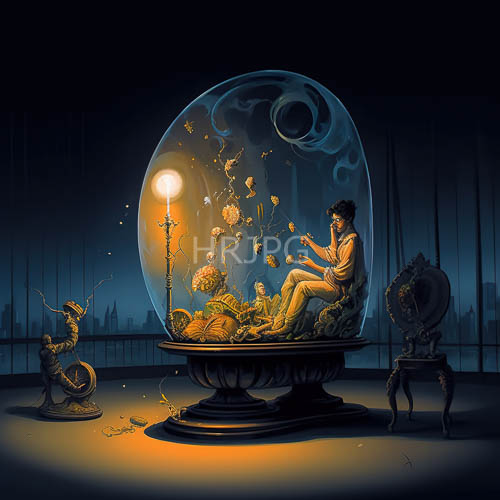 High Resolution: Moonlit Balcony Encounter with Figures in Glass Enclosure under Muted Floral Bloom download. | HRJPG.com