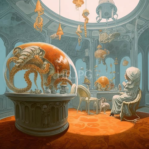 victorianinspired chamber features woman in white robes observing orange octopus in glass dome amidst intricate architecture and bluegray walls