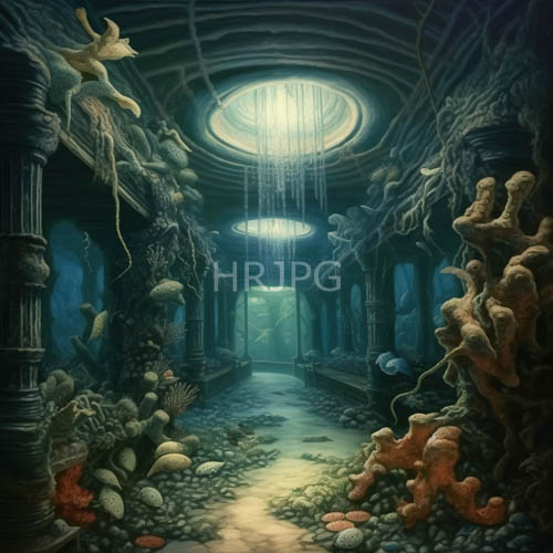 underwater temple corridor illuminated by circular skylights and orange coral formations