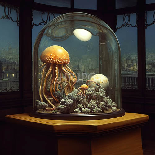 jellyfish in glass display case with city skyline illumination