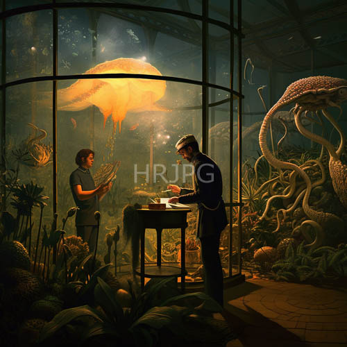 corporate executives navigate complex transactions beneath iridescent jellyfishlike orbs in glass enclosure