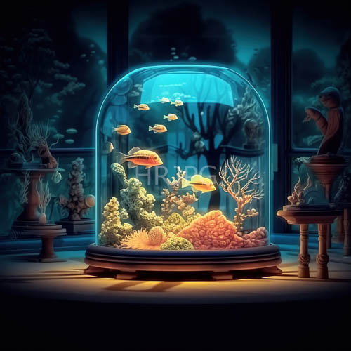 aquarium amidst urban nightscapes displays colorful fish swimming amidst coral formations and pedestal sculptures