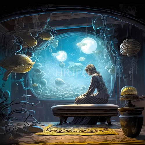 ethereal woman composed in study amidst aquatic glowing dark wood setting