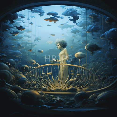 curlyhaired woman in flowing white dress amidst suspended jellyfish in aquatic setting with blue and teal hues