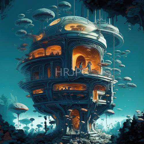 metallic architecture thrives in dark pressurized ocean depths with fungal growths and glowing orange windows