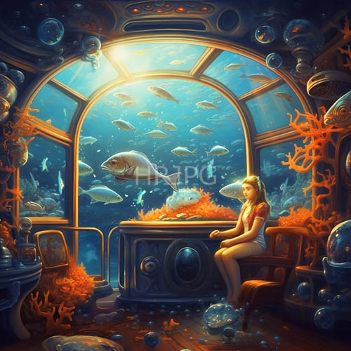 blonde woman navigates underwater observatory amidst thriving marine ecosystem