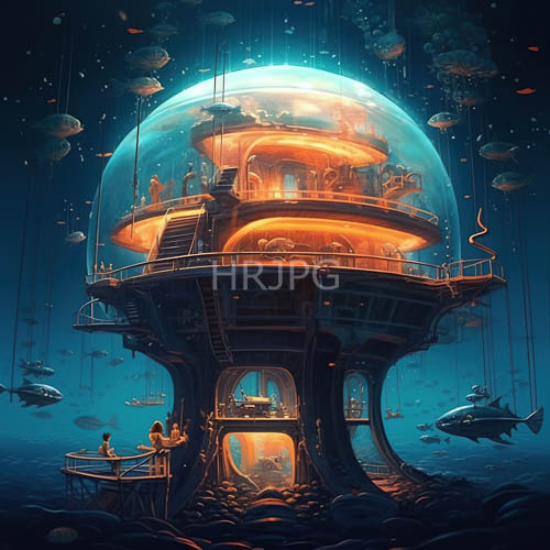 High Resolution: Spherical underwater city glows with orange light in aquatic world collective download. | HRJPG.com