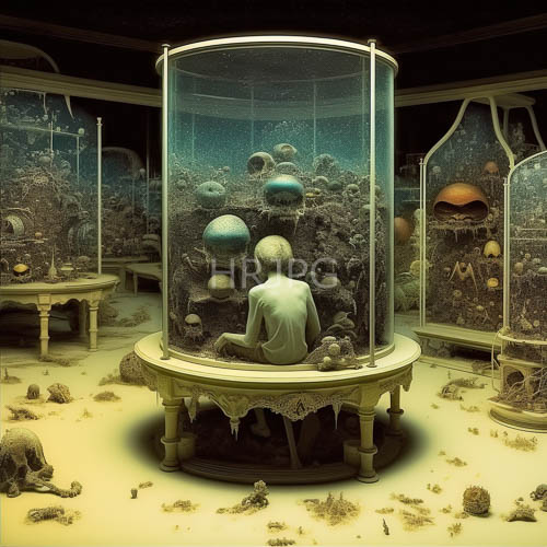 pale figure in white shirt sits inside glass cylinder on alien spaceship