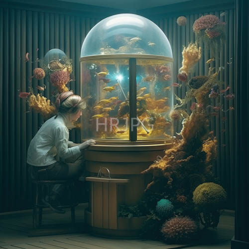 High Resolution: Blonde Woman Contemplates Life in a Glass Dome Aquarium Setting download. | HRJPG.com
