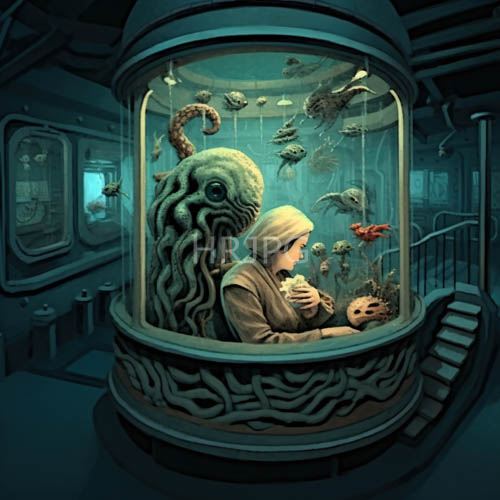 cylindrical glass tank on spaceship holds maternal figure with alien child