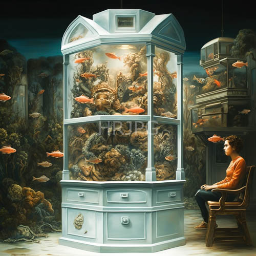 woman in orange sweater studies underwater diorama with focused dim lighting and muted colors