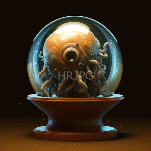 octopus in glass snow globe with sparkling light on wooden base
