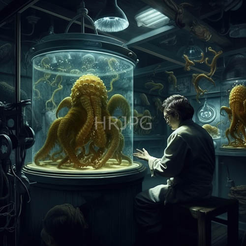 fascination with unsettling marine life forms in murky laboratory tanks under thin lighting