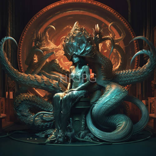 ethereal scaled woman surrounded by dragons in majestic throne room illuminated by orange light