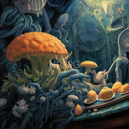 bioluminescent forest filled with orange mushrooms and glowing vines