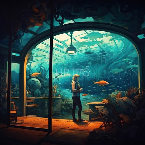 High Resolution: Underwater marine life illuminated by sunlight through arched glass doors in a tranquil ocean setting download. | HRJPG.com