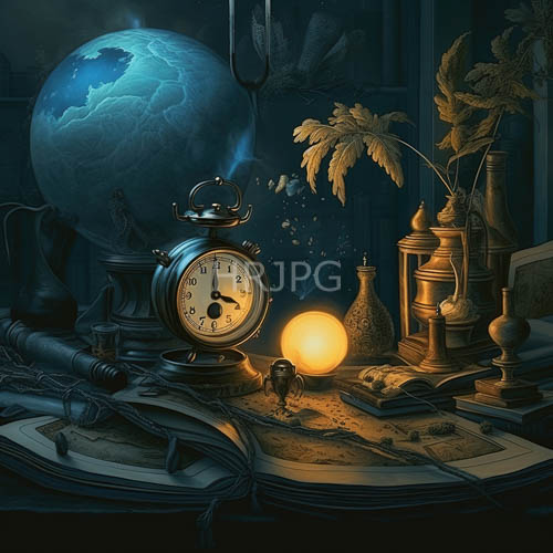 mysterious globe vintage clock and lanternlike orb in a faded blue and green hued room