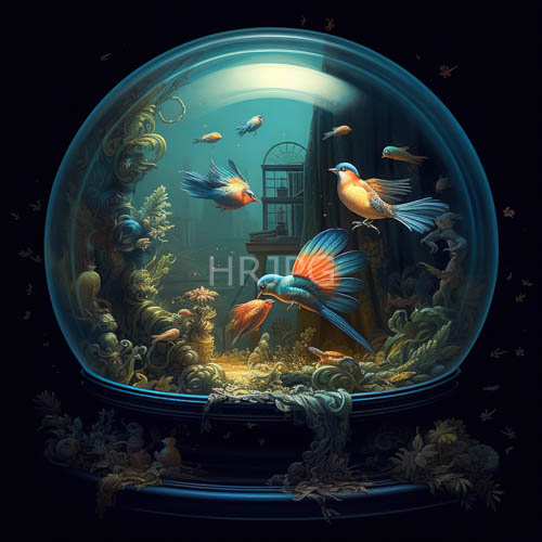 fantasy object glass fishbowl filled with aquatic life and colorful plants wooden stand moss blurred window frame