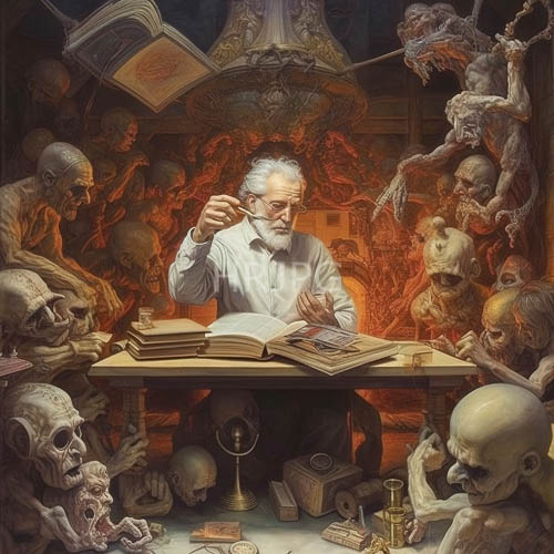 elderly man amidst cluttered desk and grotesque skeletons in fiery shadows